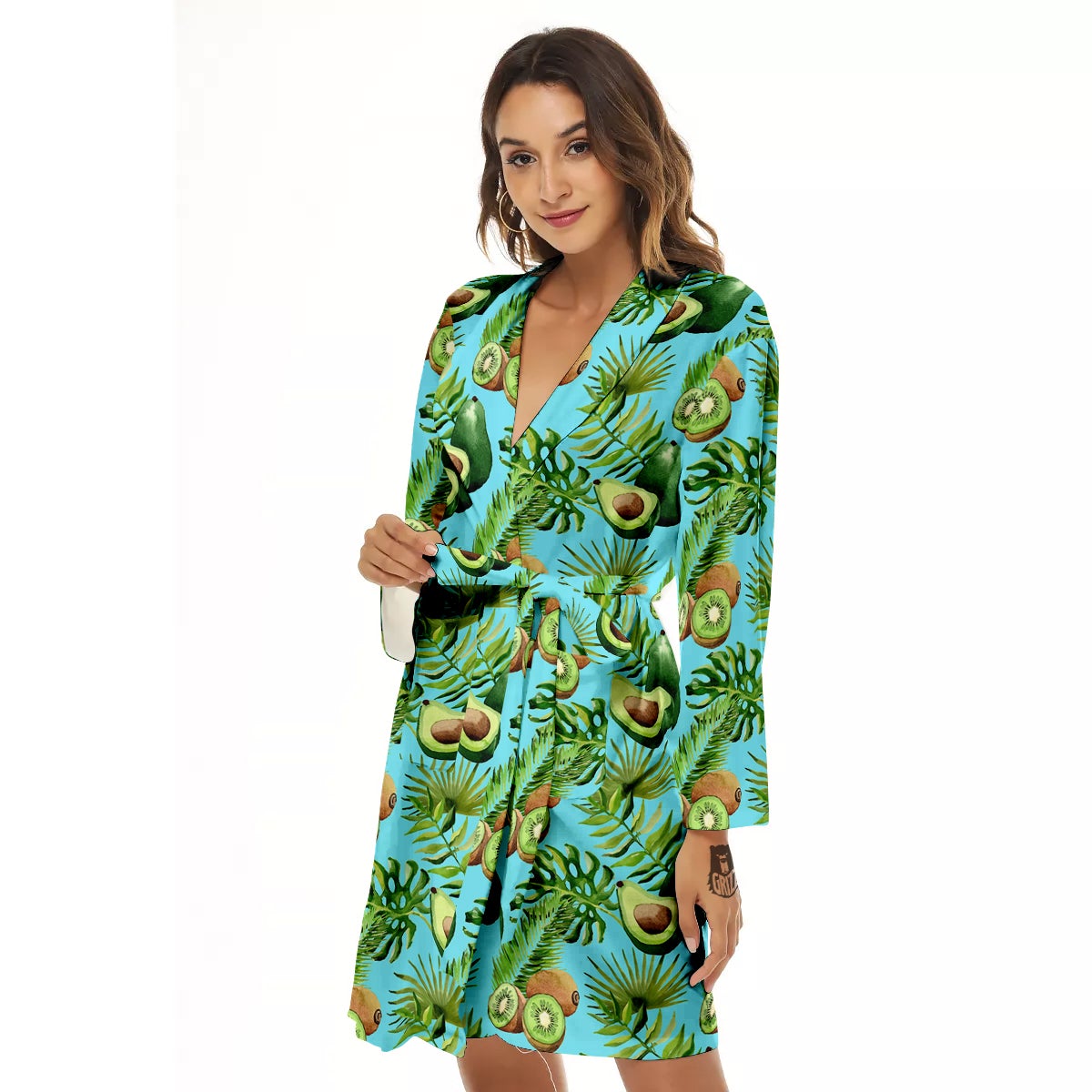 Avocado And Watercolor Kiwi Print Pattern Women's Robe-grizzshop