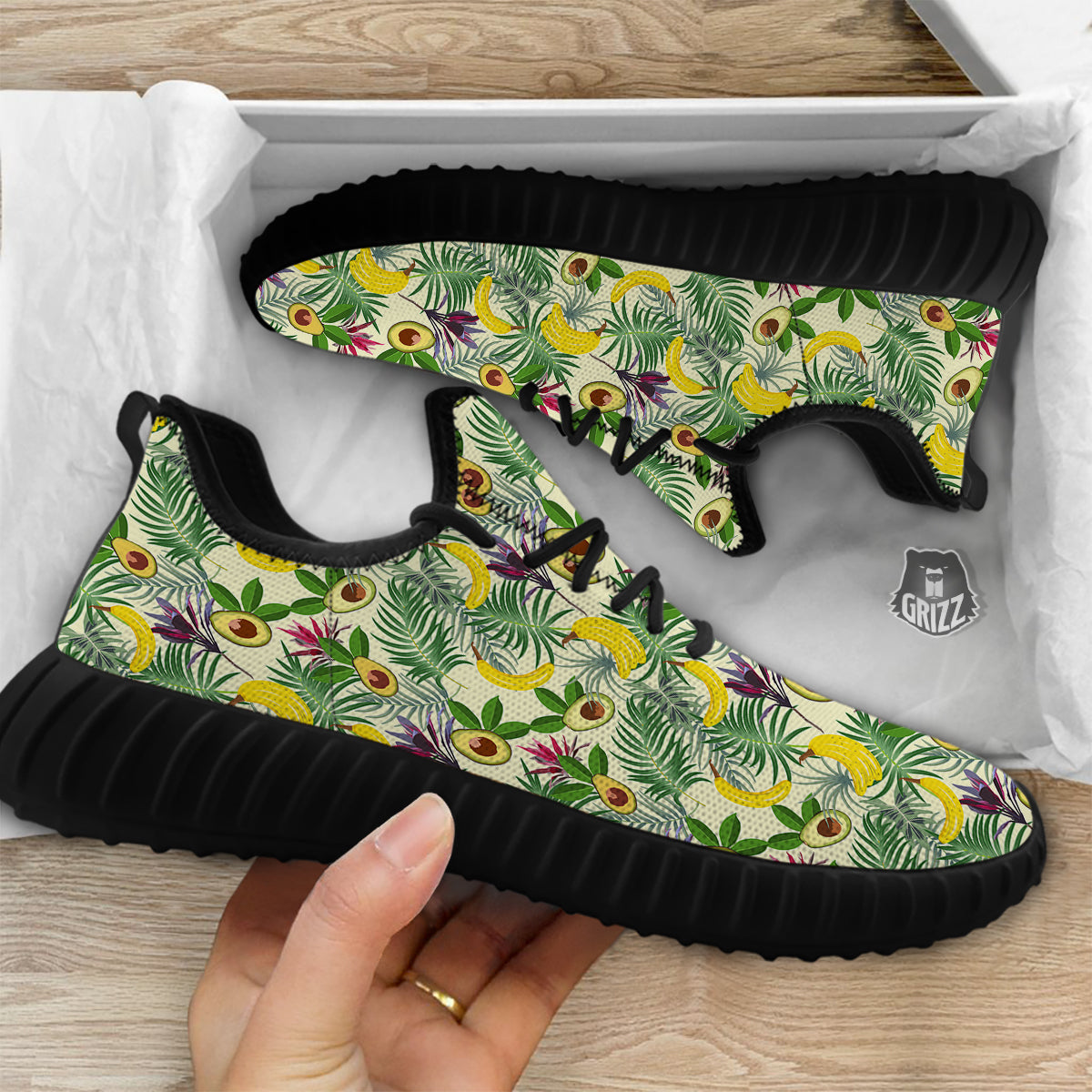 Avocado Banana Leaf Print Pattern Black Walking Shoes-grizzshop