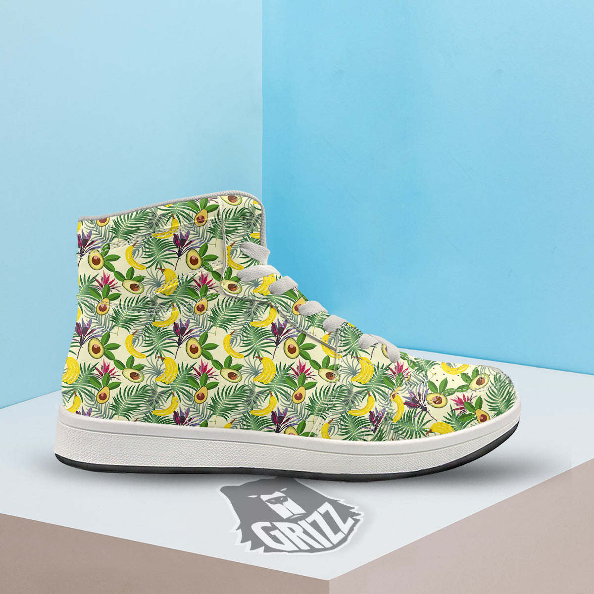 Avocado Banana Leaf Print Pattern High Top Sneakers-grizzshop