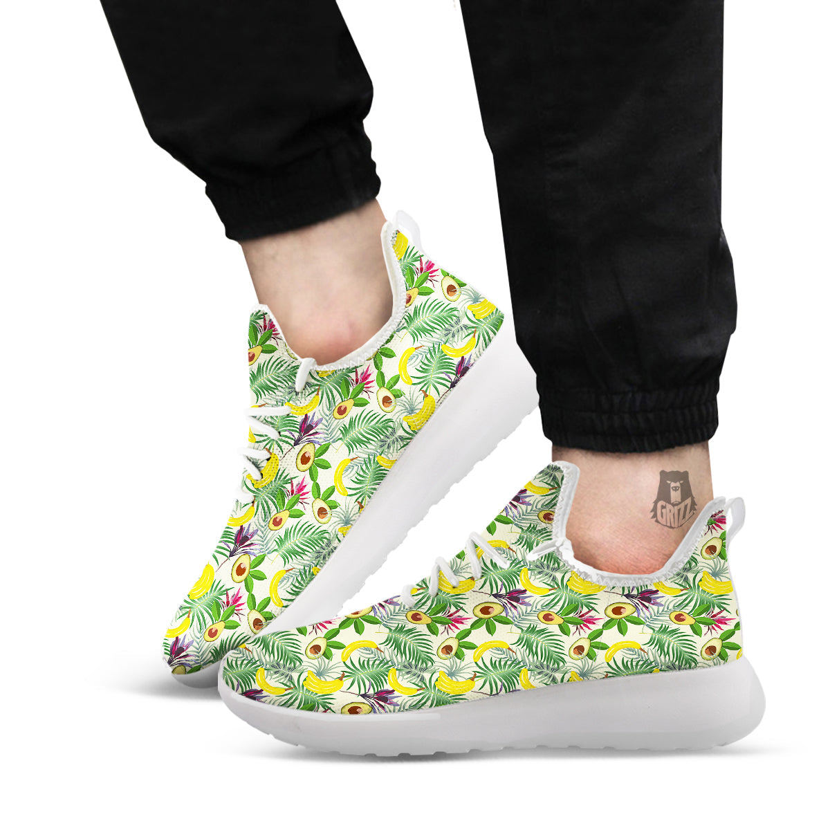 Avocado Banana Leaf Print Pattern White Athletic Shoes-grizzshop