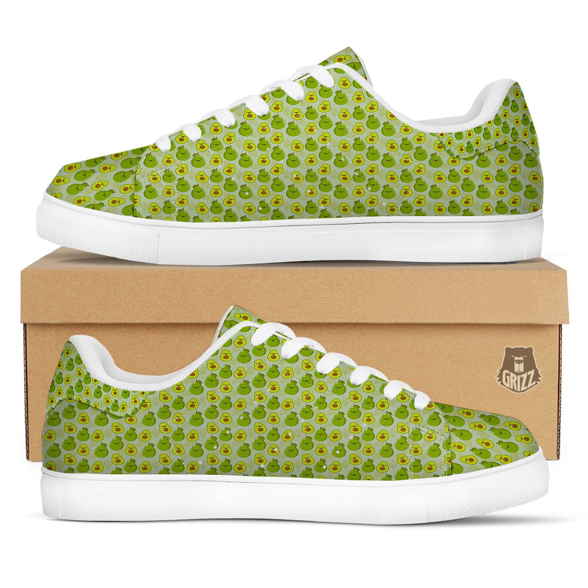 Avocado Cartoon Print Pattern White Low Top Sneakers-grizzshop