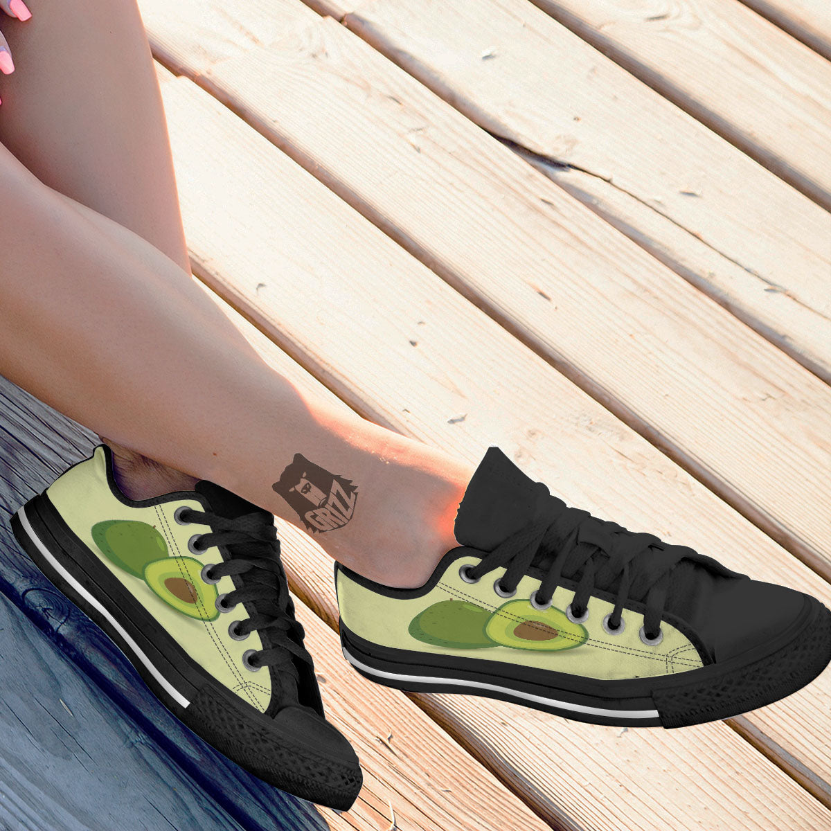 Avocado Green Print Black Low Top Shoes-grizzshop