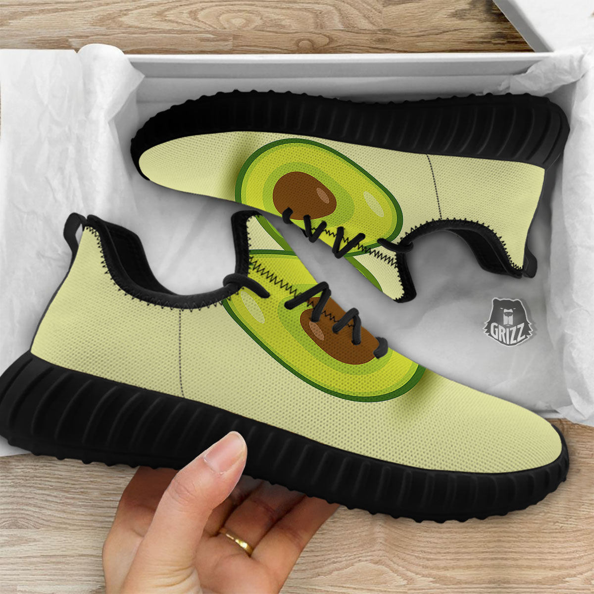 Avocado Green Print Black Walking Shoes-grizzshop