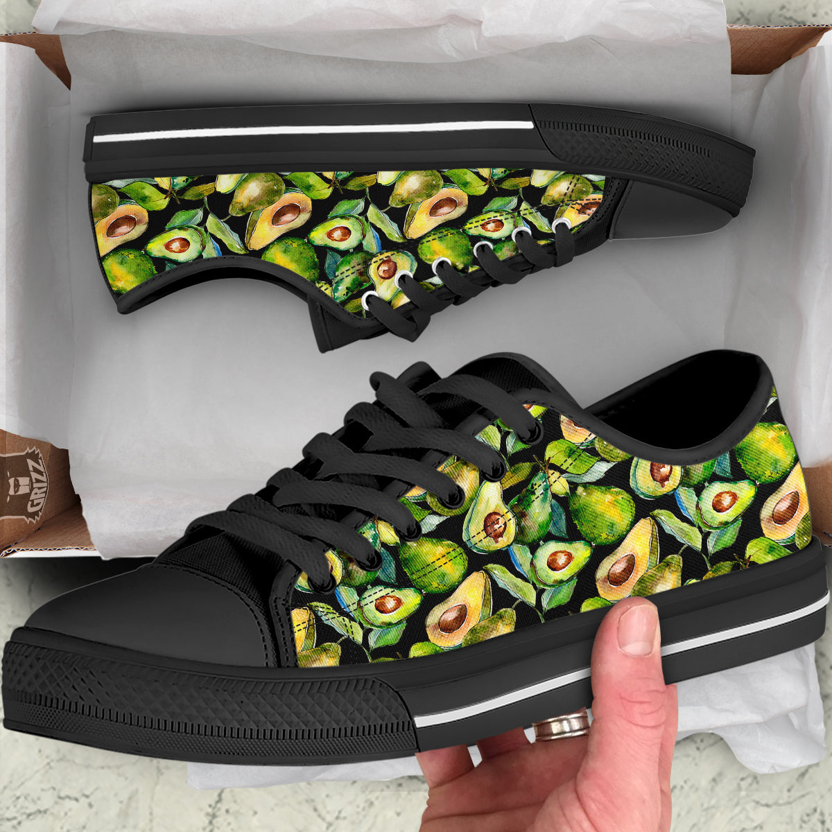 Avocado Watercolor Print Pattern Black Low Top Shoes-grizzshop