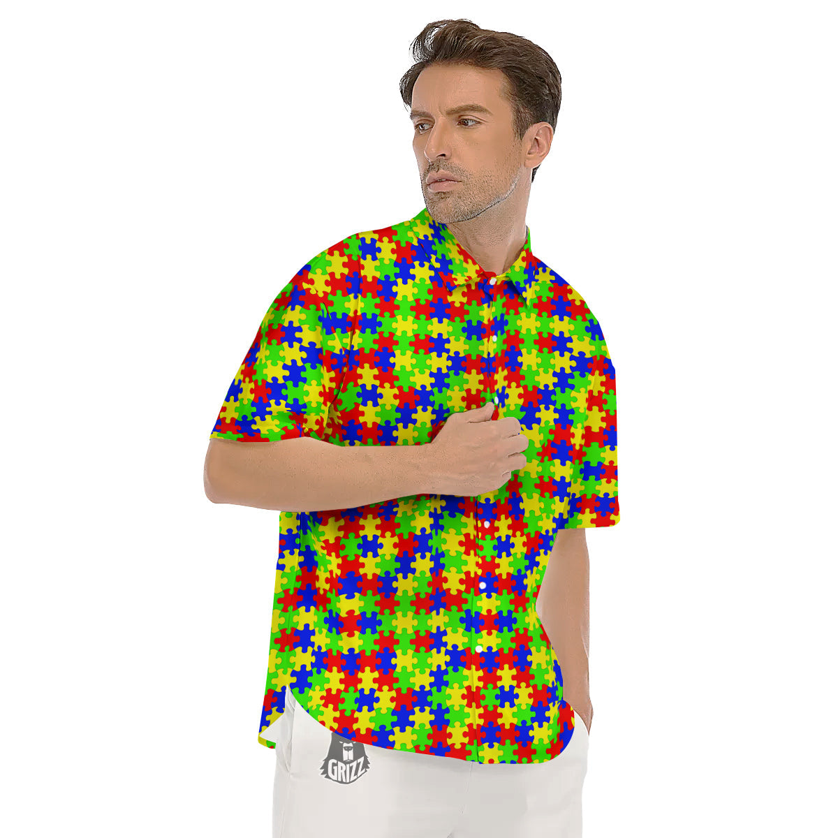 Awareness Jigsaw Colorful Autism Print Men's Short Sleeve Shirts-grizzshop