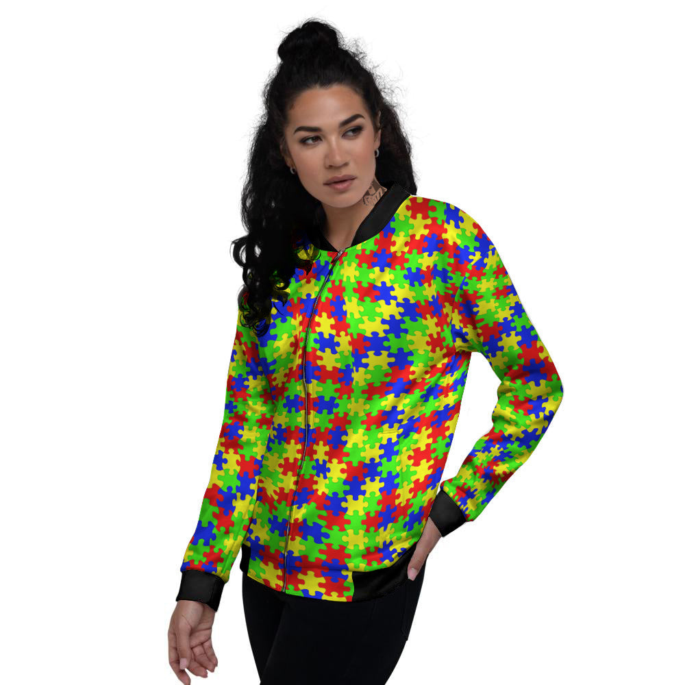 Awareness Jigsaw Colorful Autism Print Women's Bomber Jacket-grizzshop