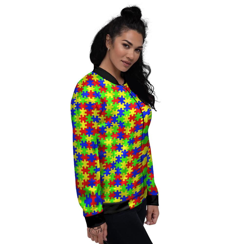 Awareness Jigsaw Colorful Autism Print Women's Bomber Jacket-grizzshop