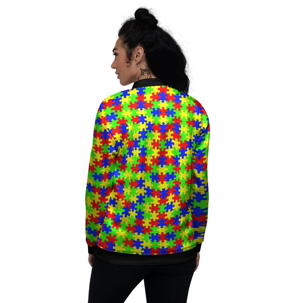 Awareness Jigsaw Colorful Autism Print Women's Bomber Jacket-grizzshop