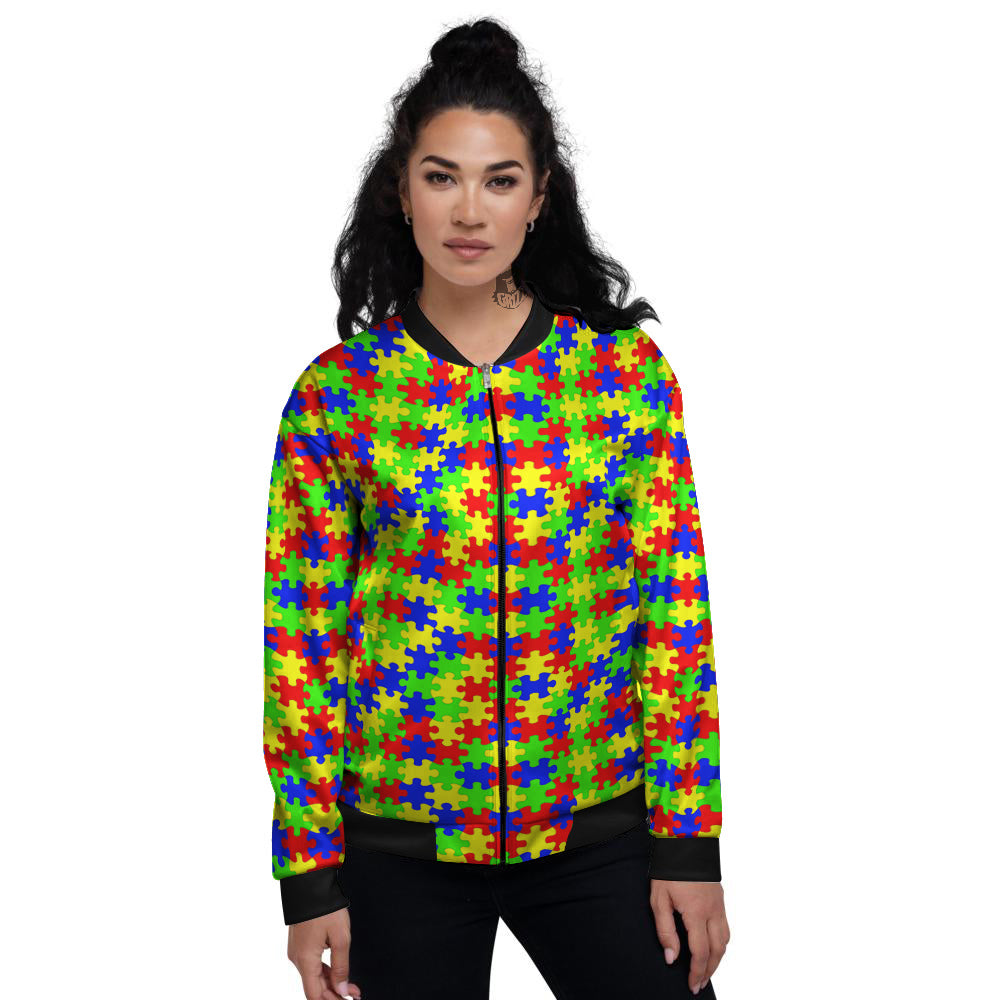 Awareness Jigsaw Colorful Autism Print Women's Bomber Jacket-grizzshop