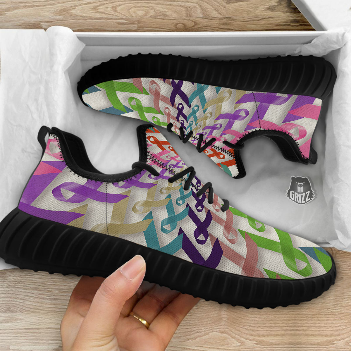 Awareness Mandala Cancer Print Black Walking Shoes-grizzshop