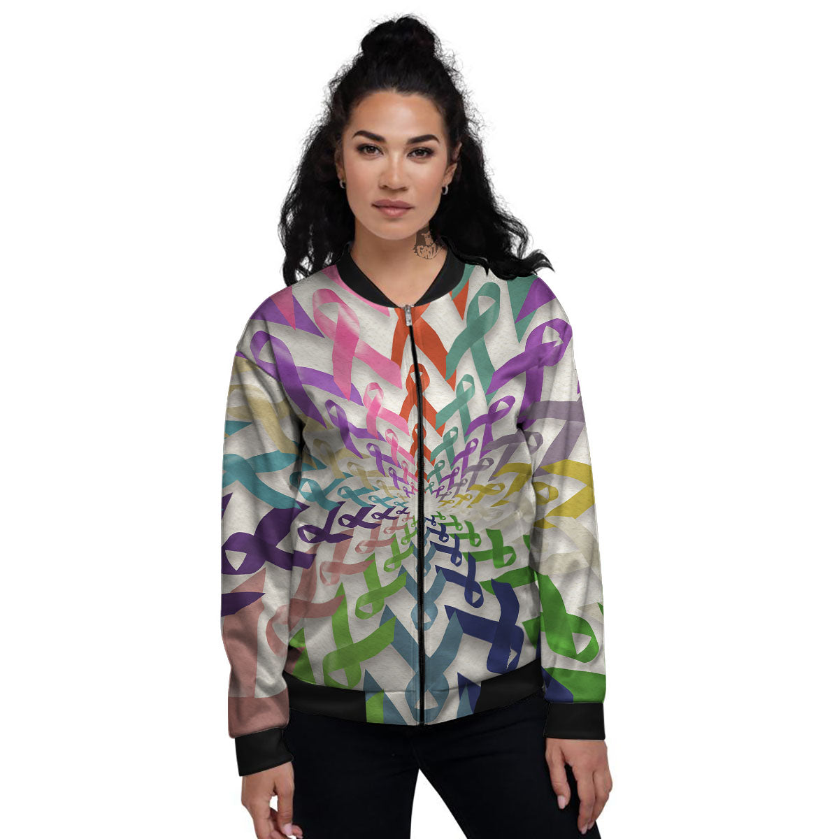 Awareness Mandala Cancer Print Women's Bomber Jacket-grizzshop