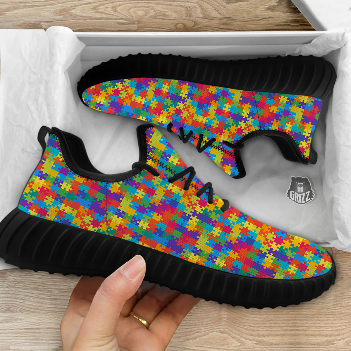 Awareness Puzzle Colorful Autism Print Black Walking Shoes-grizzshop