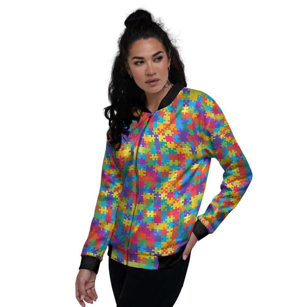 Awareness Puzzle Colorful Autism Print Women's Bomber Jacket-grizzshop