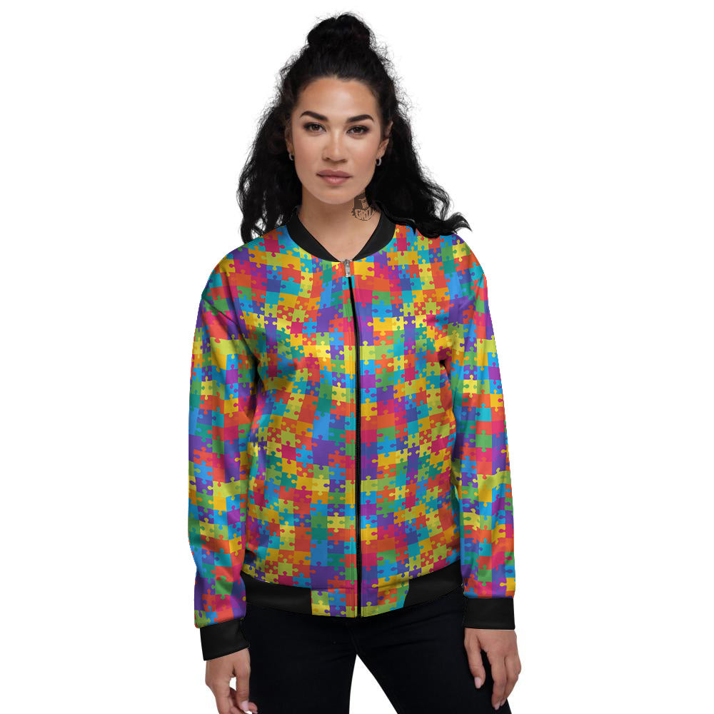 Awareness Puzzle Colorful Autism Print Women's Bomber Jacket-grizzshop
