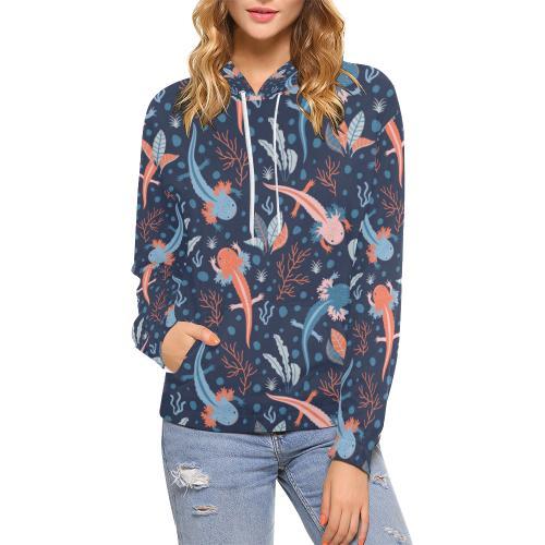 Axolotl Blue Pattern Print Women Pullover Hoodie-grizzshop