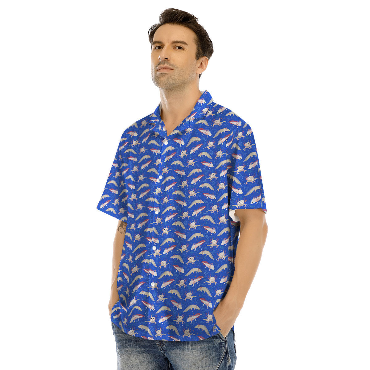 Axolotl Blue Print Pattern Men's Hawaiian Shirt-grizzshop