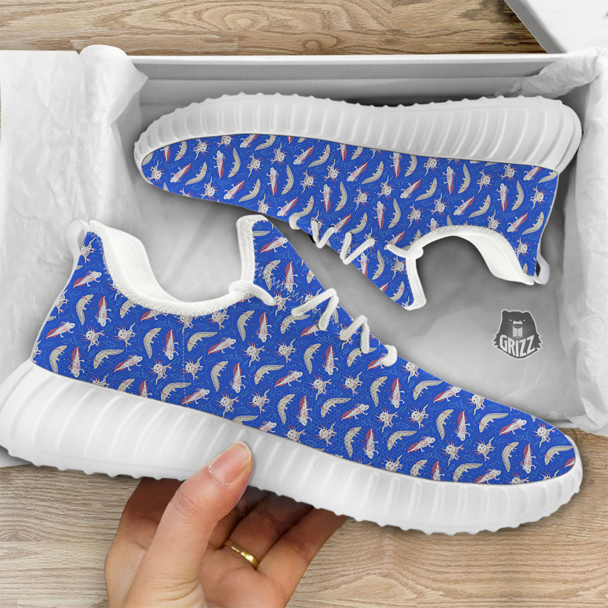 Axolotl Blue Print Pattern White Walking Shoes-grizzshop