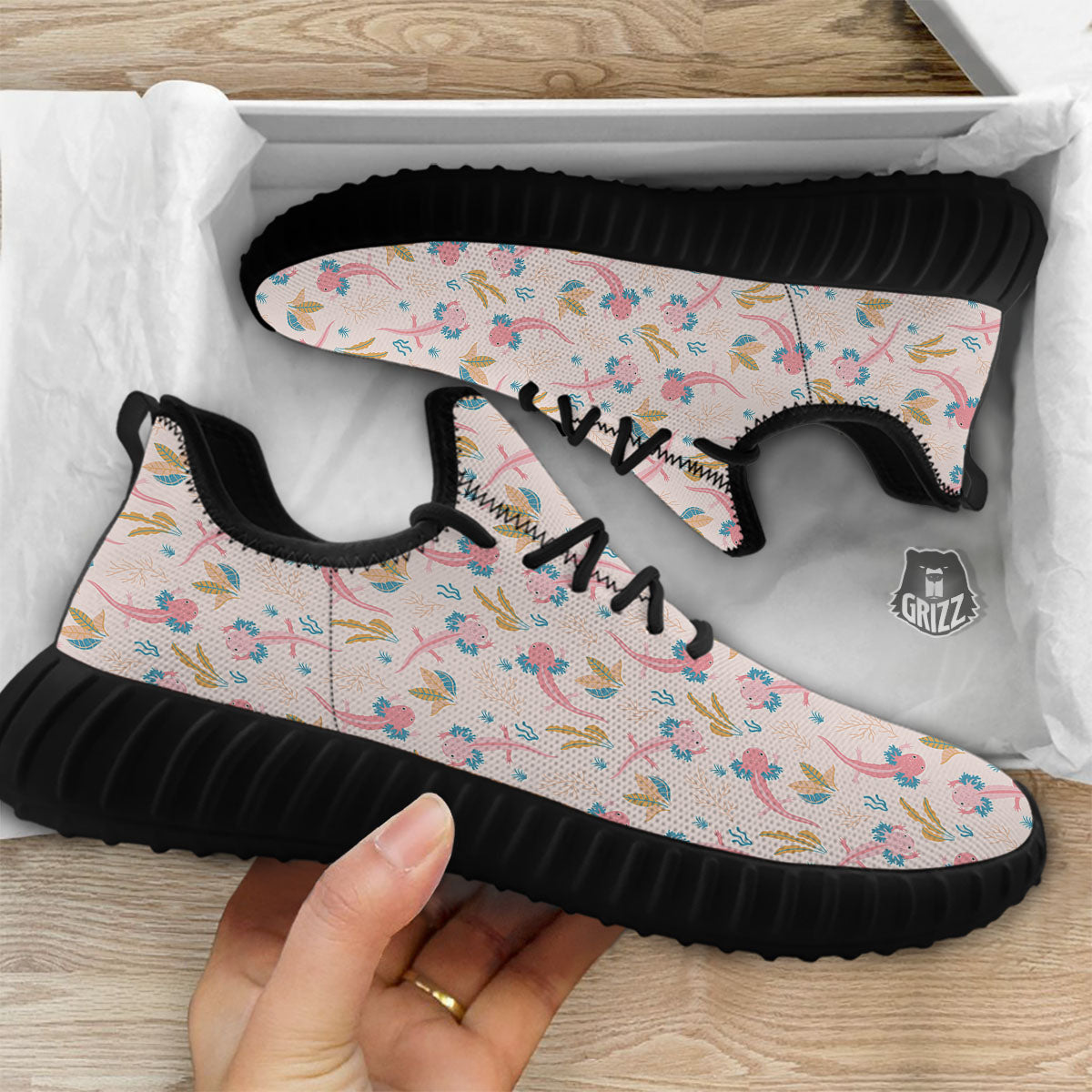 Axolotl Pastel Print Pattern Black Walking Shoes-grizzshop