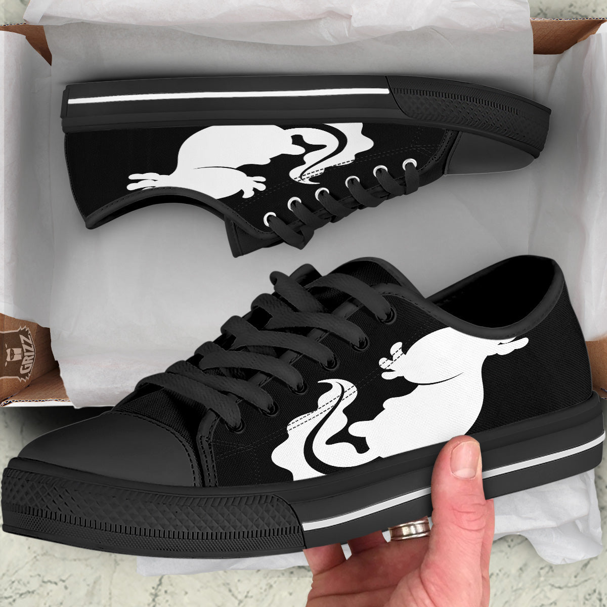 Axolotl White And Black Print Black Low Top Shoes-grizzshop