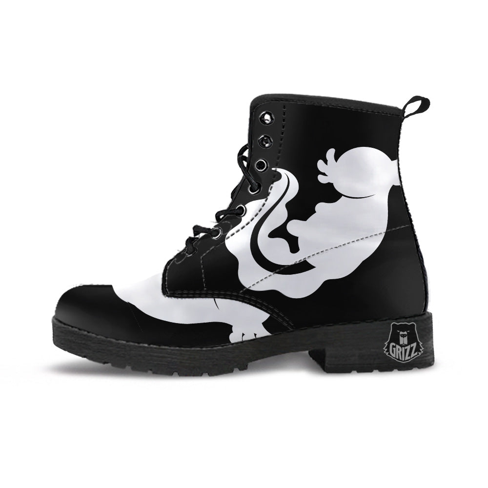 Axolotl White And Black Print Leather Boots-grizzshop