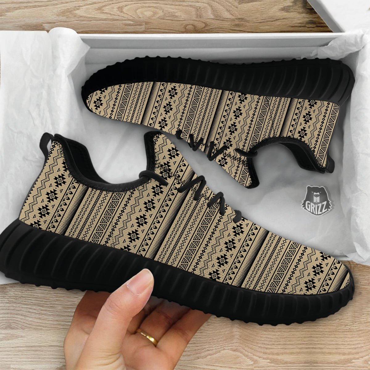 Aztec Beige And Black Print Pattern Black Walking Shoes-grizzshop