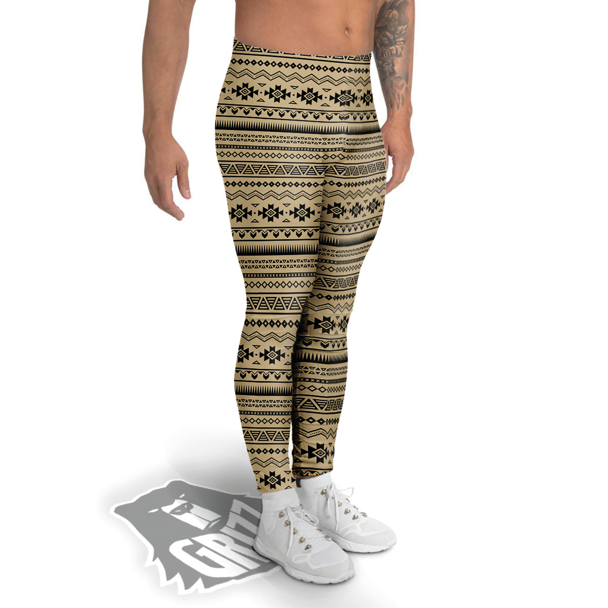 Aztec Beige And Black Print Pattern Men's Leggings-grizzshop