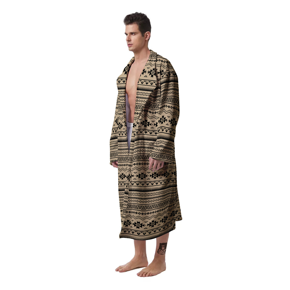 Aztec Beige And Black Print Pattern Men's Robe-grizzshop