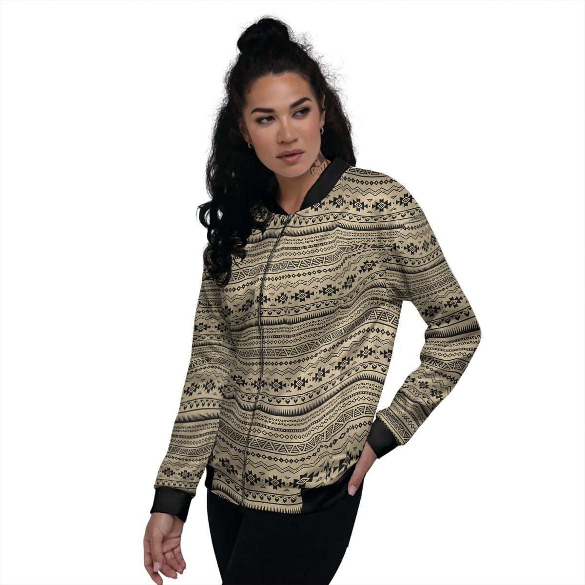 Aztec Beige And Black Print Pattern Women's Bomber Jacket-grizzshop