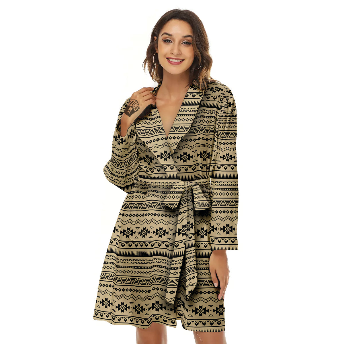 Aztec Beige And Black Print Pattern Women's Robe-grizzshop