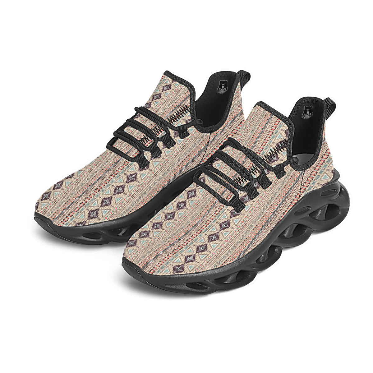 Aztec Beige Print Pattern Black Running Shoes-grizzshop