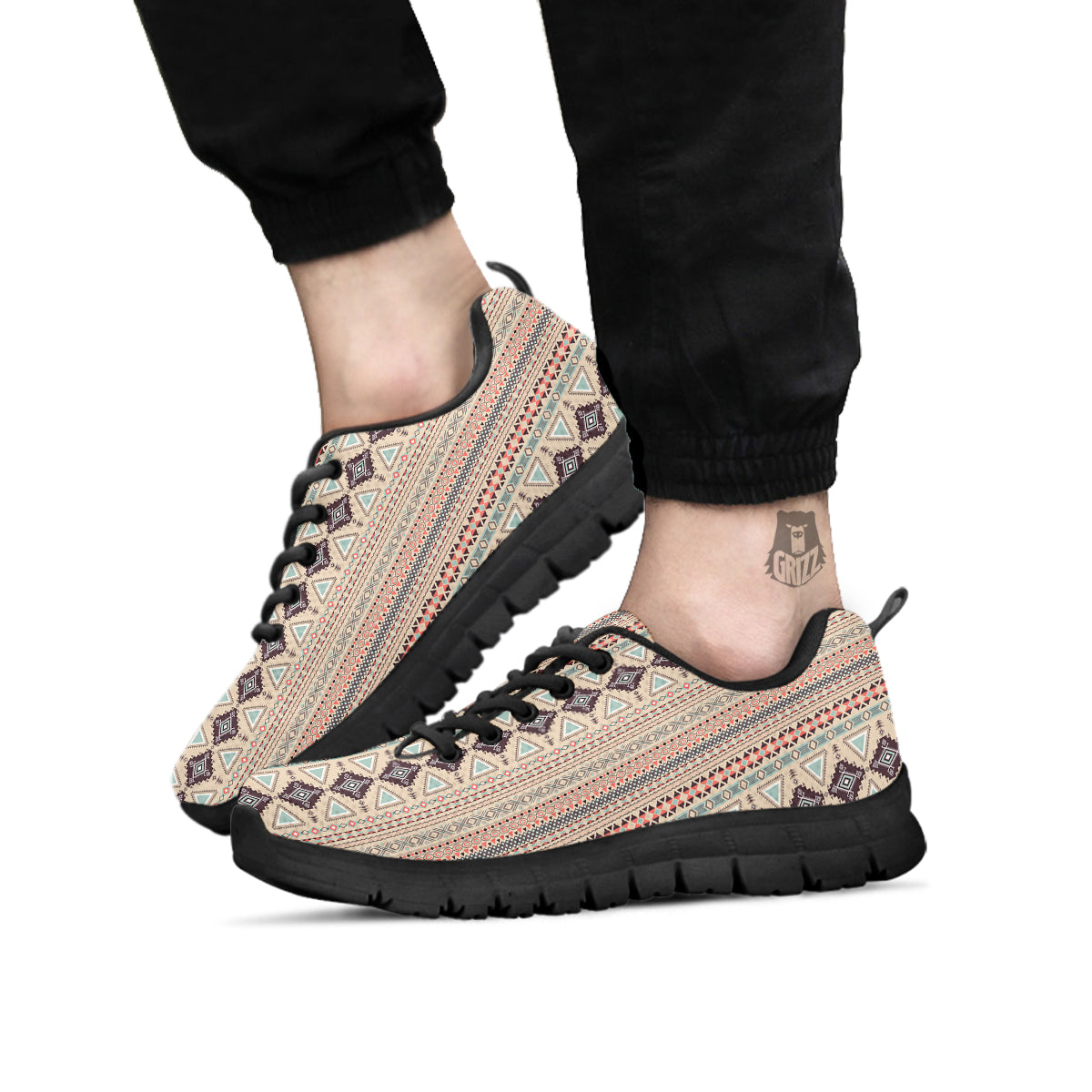 Aztec Beige Print Pattern Black Sneaker-grizzshop