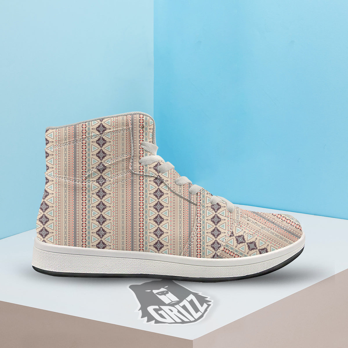 Aztec Beige Print Pattern High Top Sneakers-grizzshop