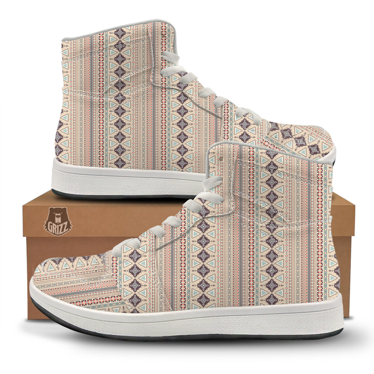 Aztec Beige Print Pattern High Top Sneakers-grizzshop