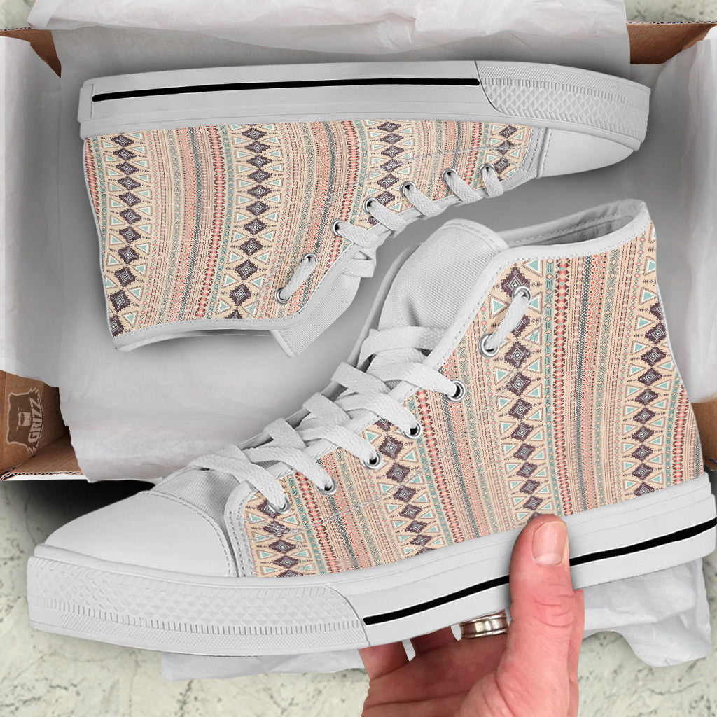 Aztec Beige Print Pattern White High Top Shoes-grizzshop