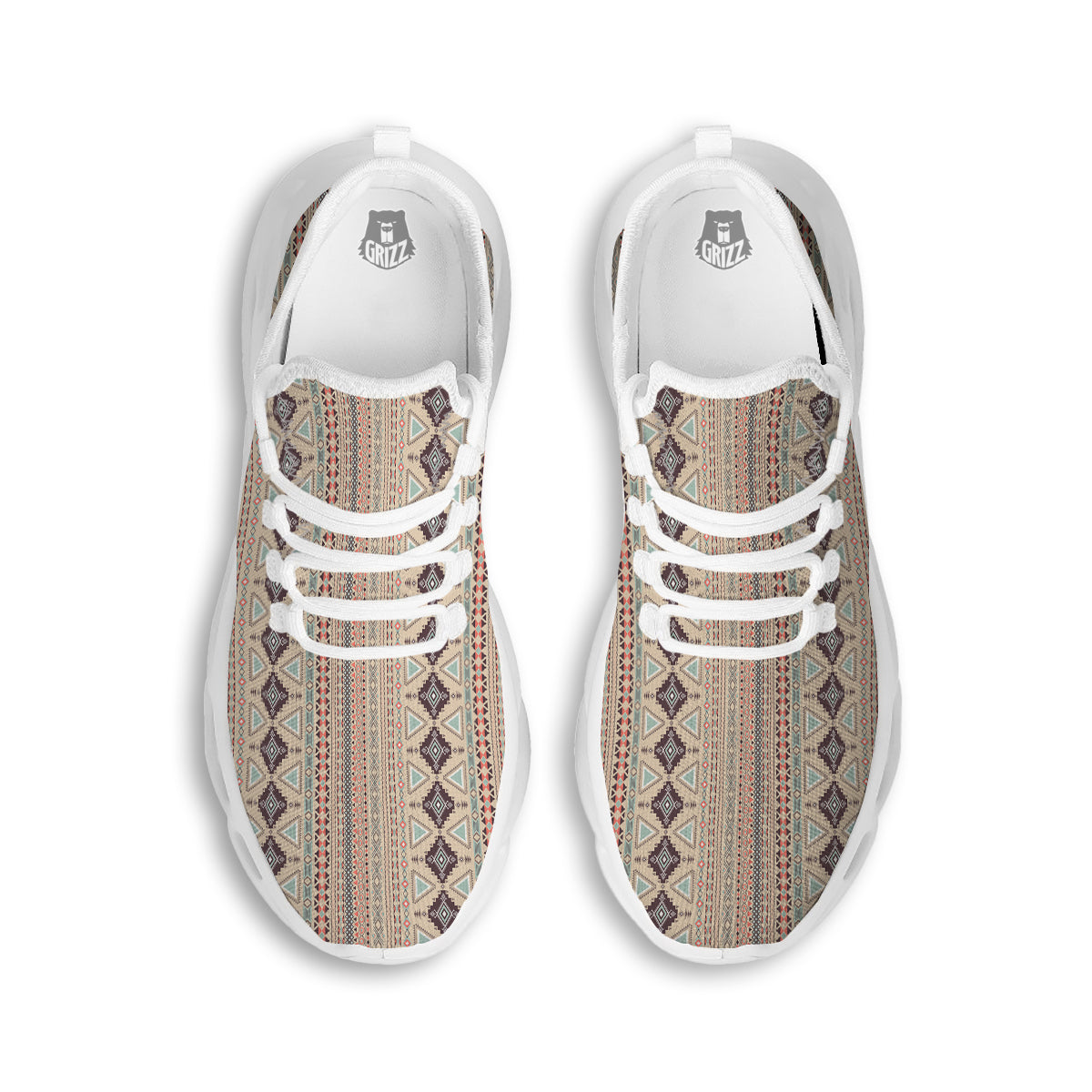 Aztec Beige Print Pattern White Running Shoes-grizzshop