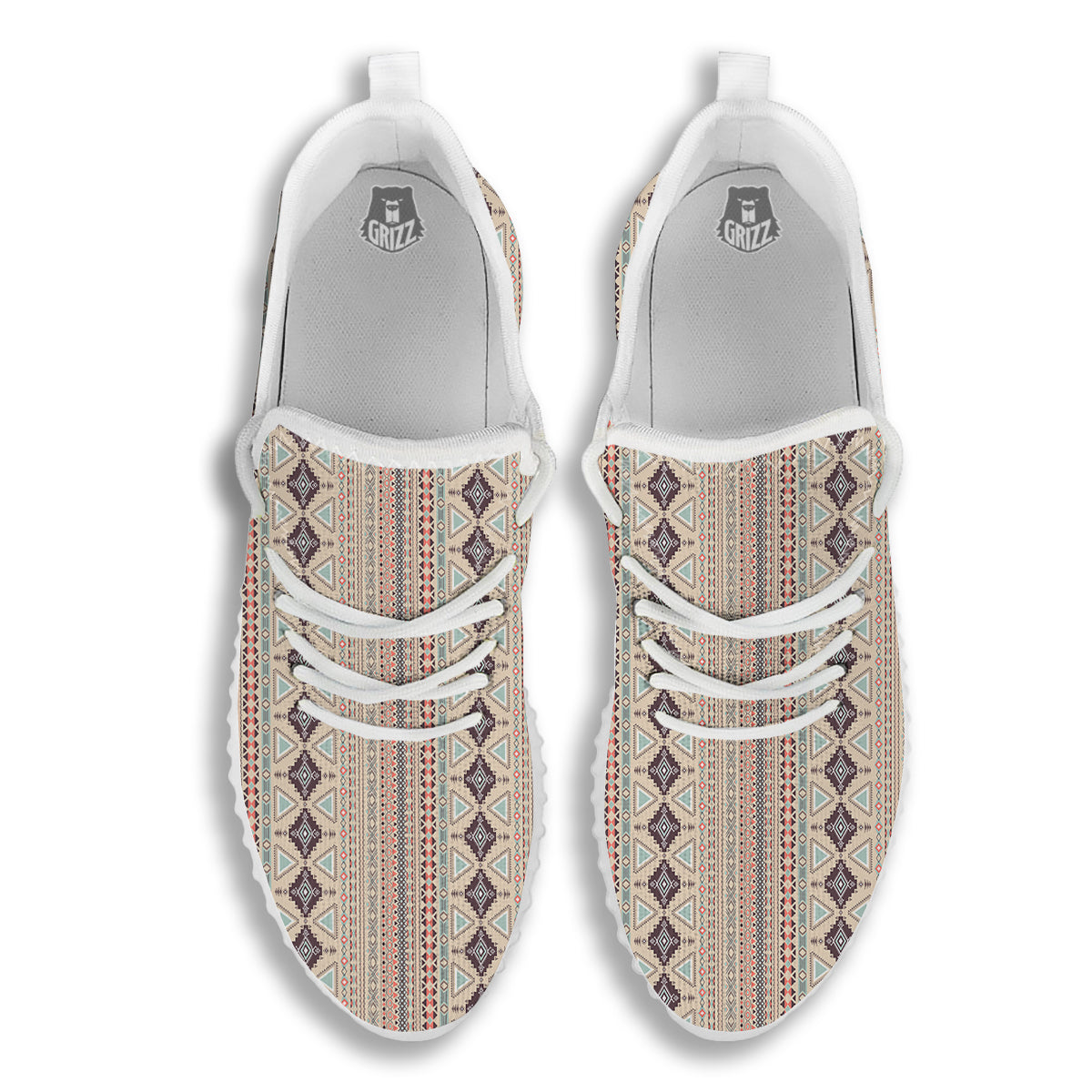 Aztec Beige Print Pattern White Walking Shoes-grizzshop