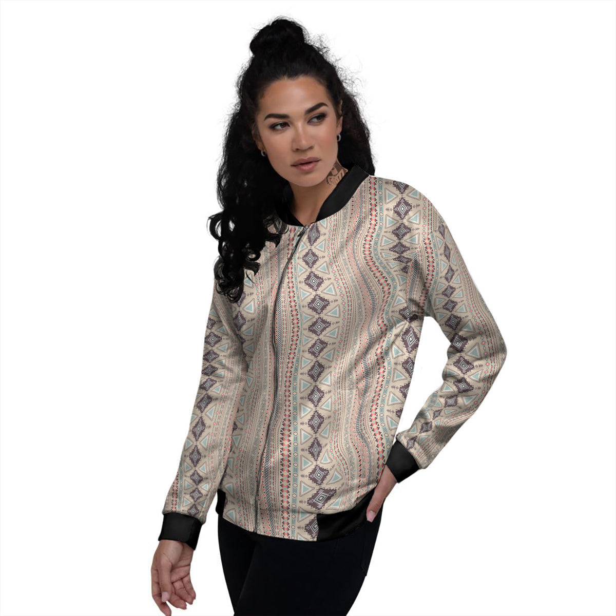 Aztec Beige Print Pattern Women's Bomber Jacket-grizzshop