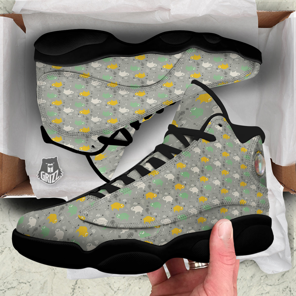 Aztec Bison Print Pattern Black Basketball Shoes-grizzshop