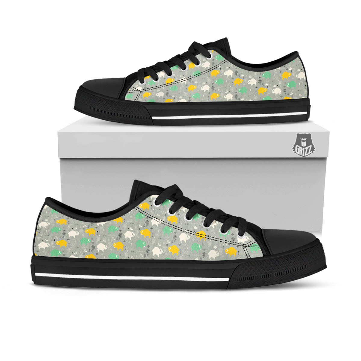 Aztec Bison Print Pattern Black Low Top Shoes-grizzshop