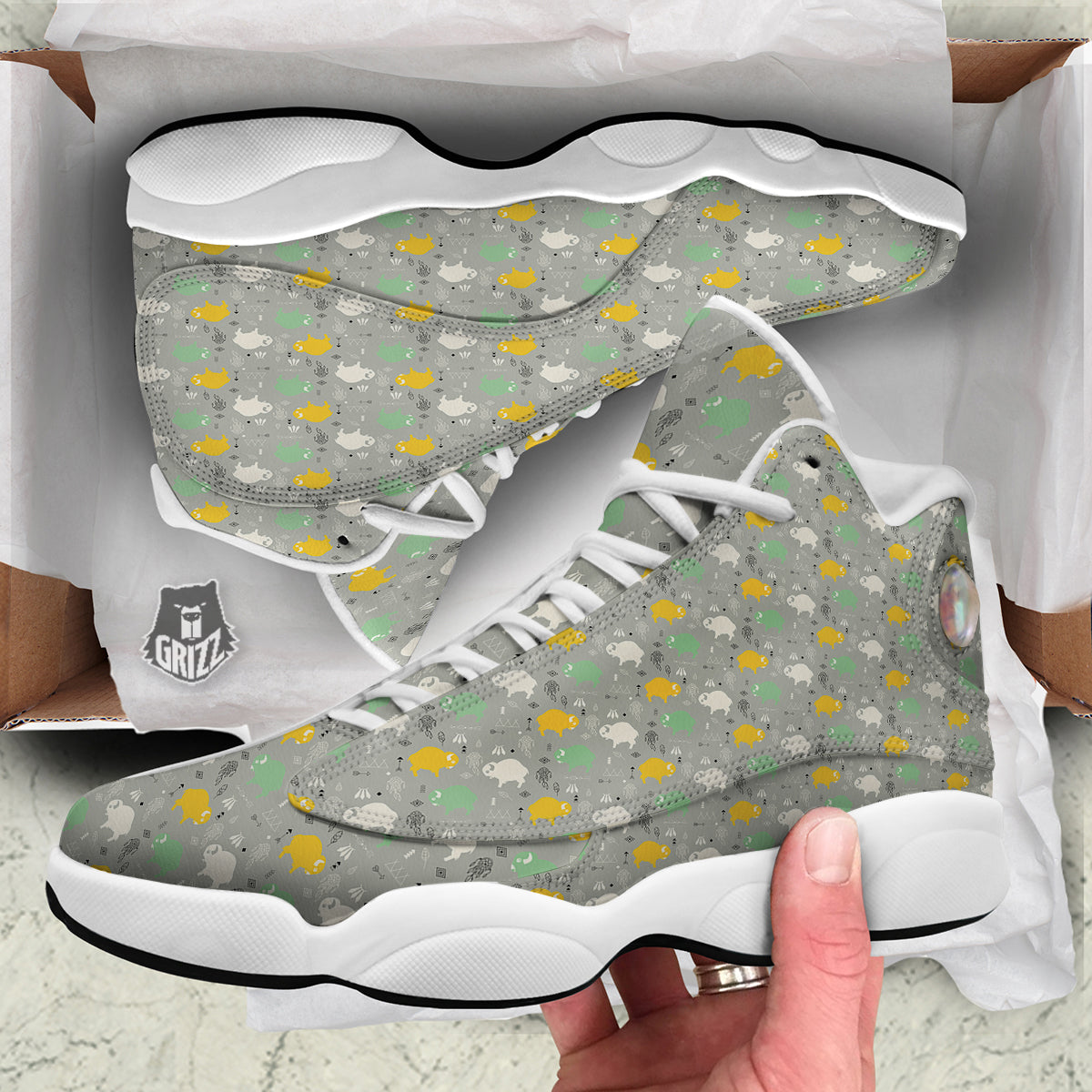 Aztec Bison Print Pattern White Basketball Shoes-grizzshop