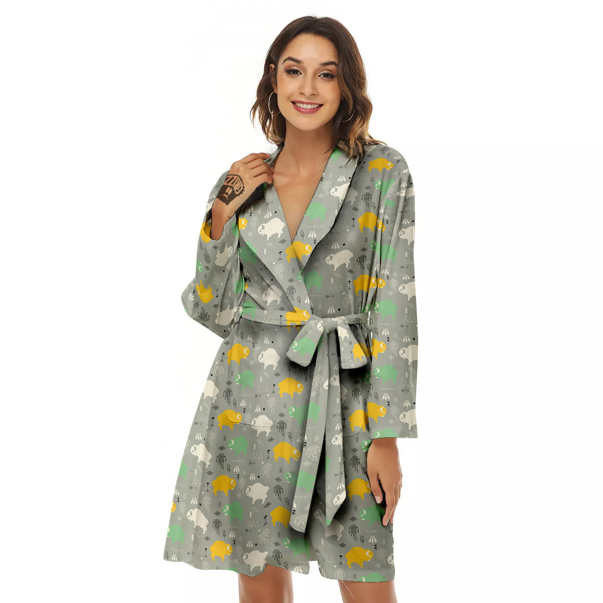 Aztec Bison Print Pattern Women's Robe-grizzshop