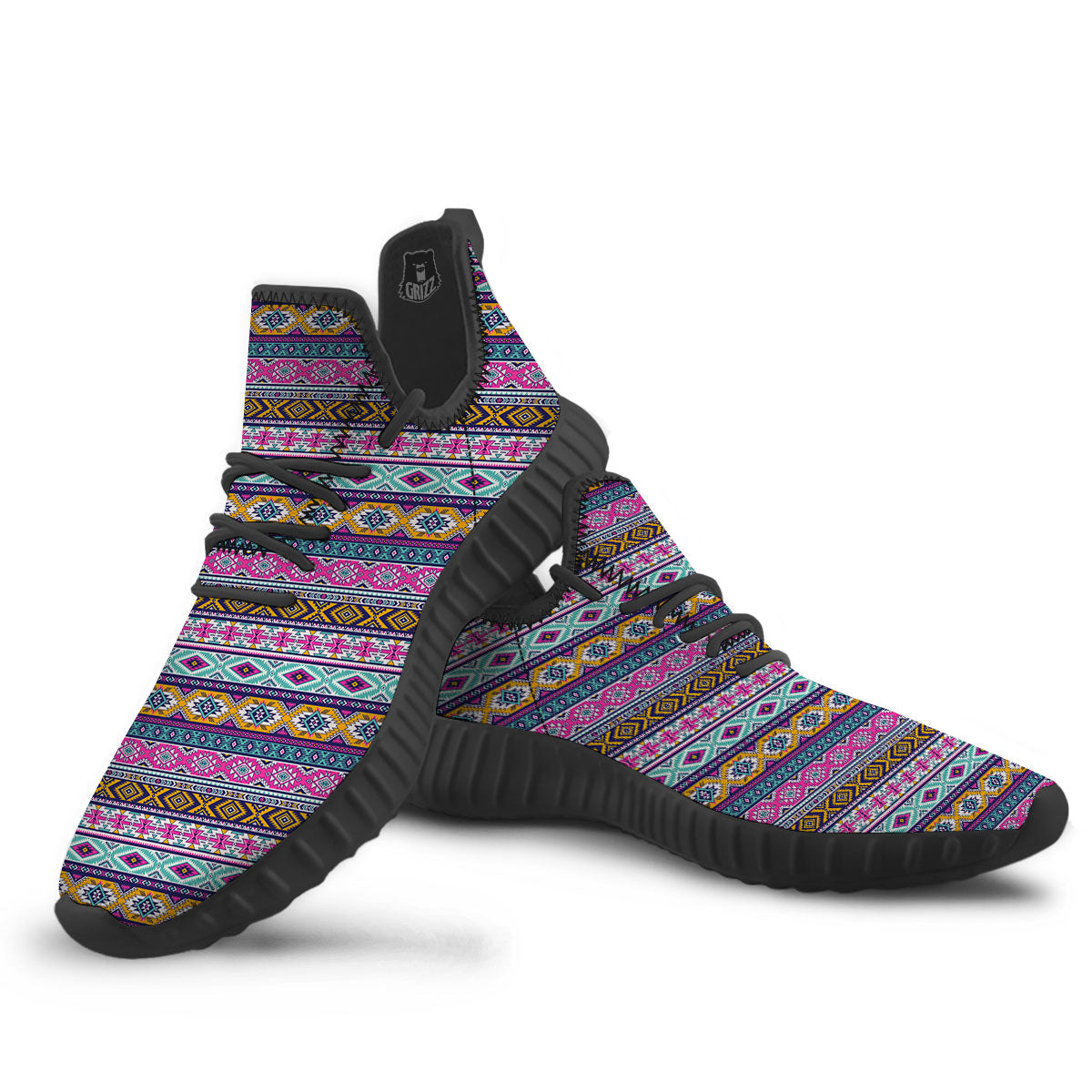 Aztec Bright Colors Print Pattern Black Walking Shoes-grizzshop