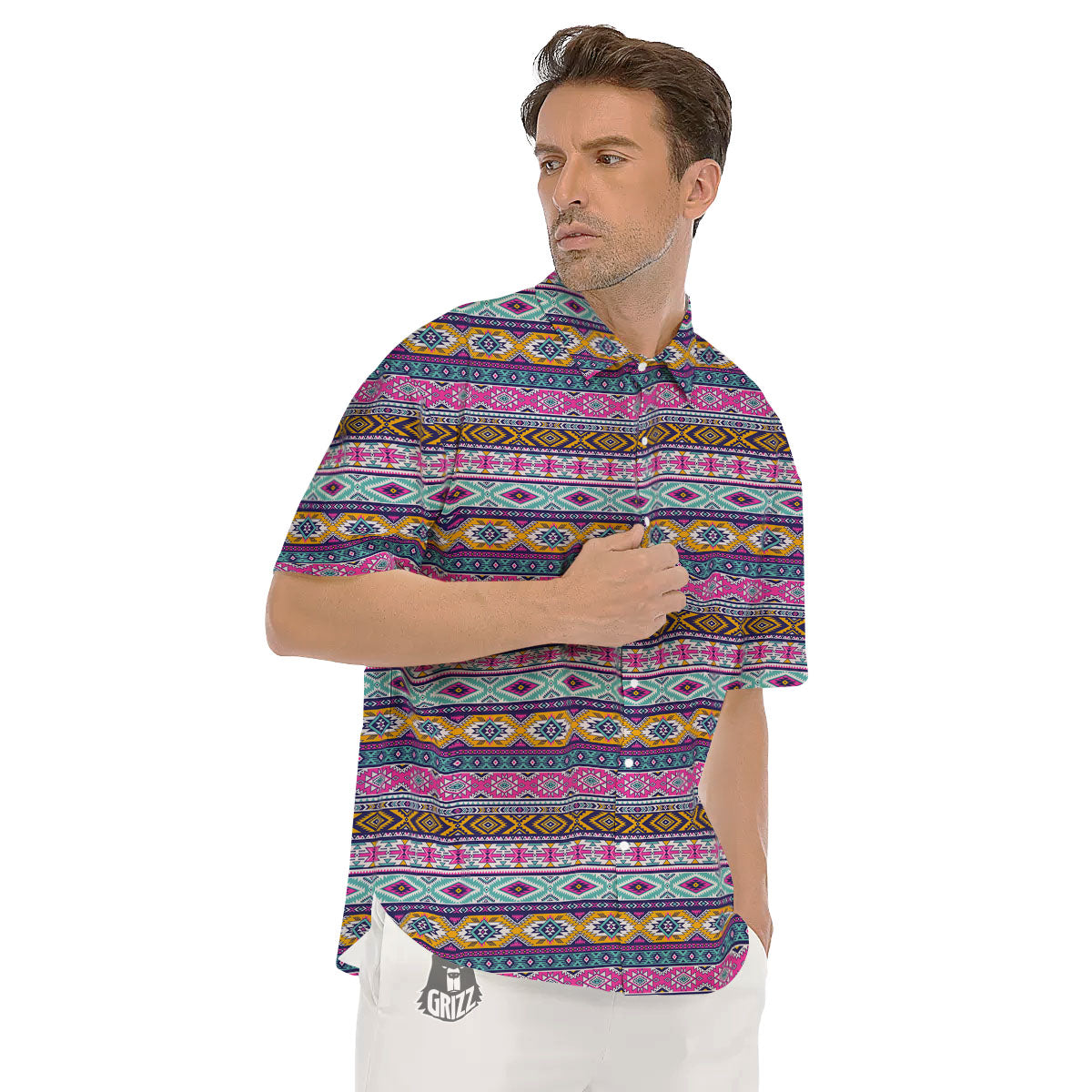 Aztec Bright Colors Print Pattern Men's Short Sleeve Shirts-grizzshop