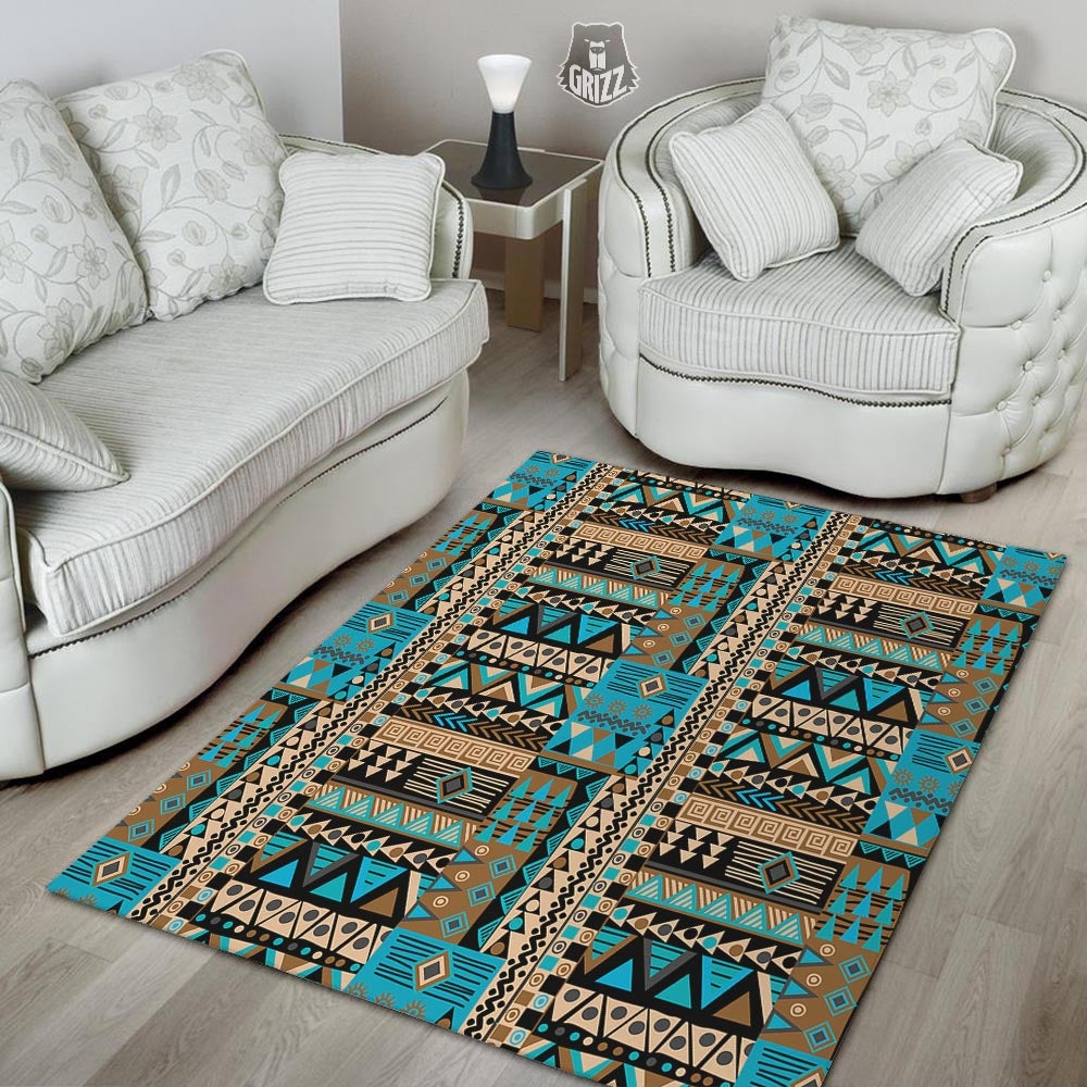 Aztec Brown And Teal Print Pattern Floor Mat-grizzshop