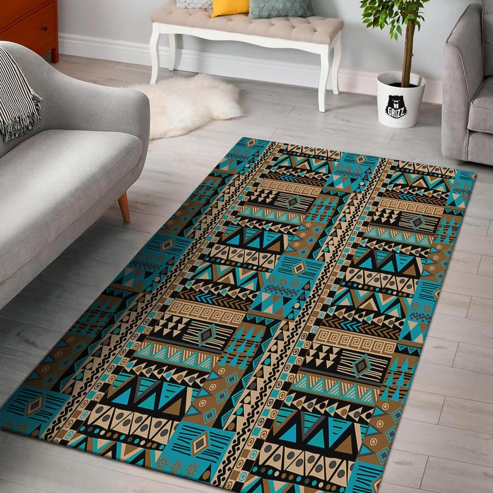 Aztec Brown And Teal Print Pattern Floor Mat-grizzshop