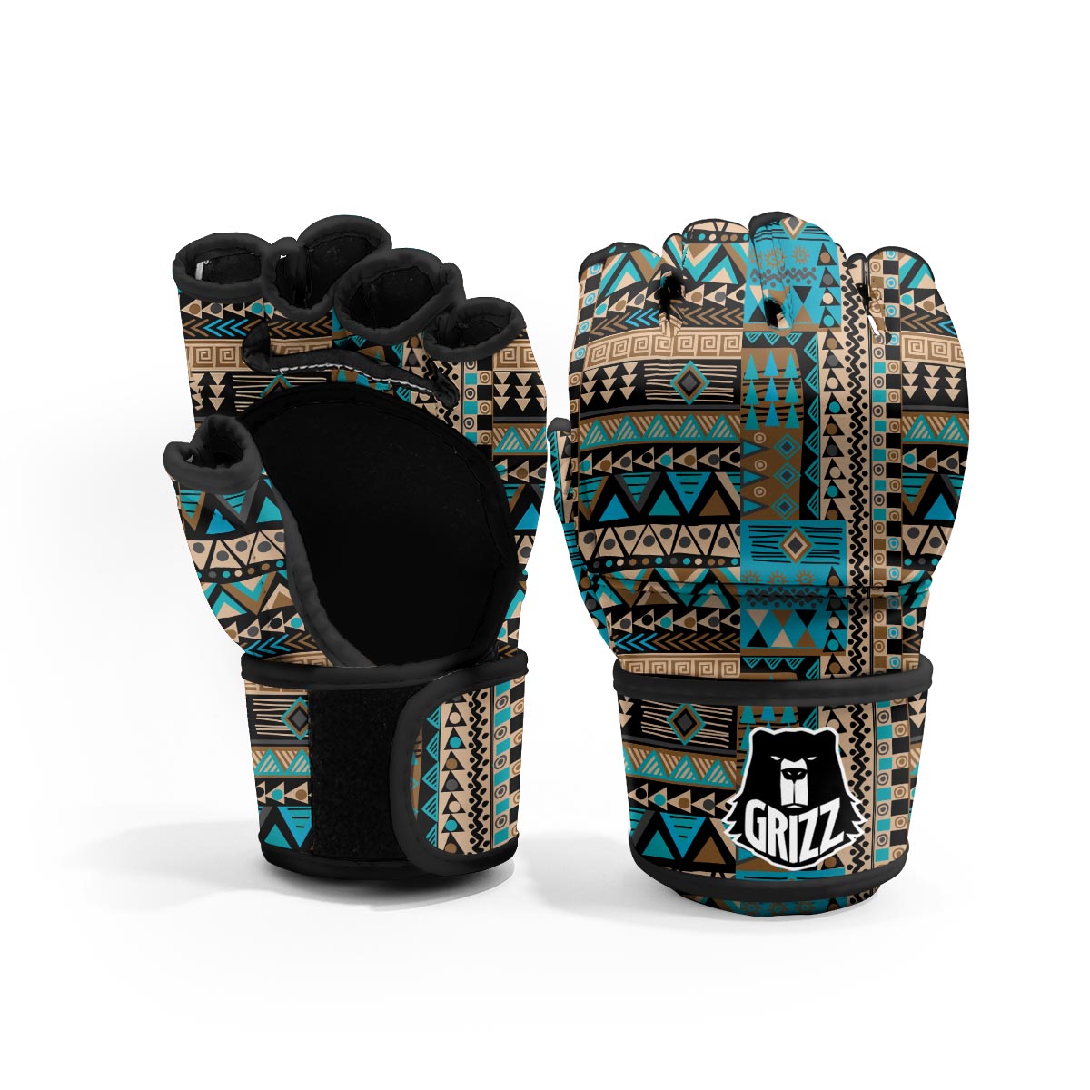 Aztec Brown And Teal Print Pattern MMA Gloves-grizzshop