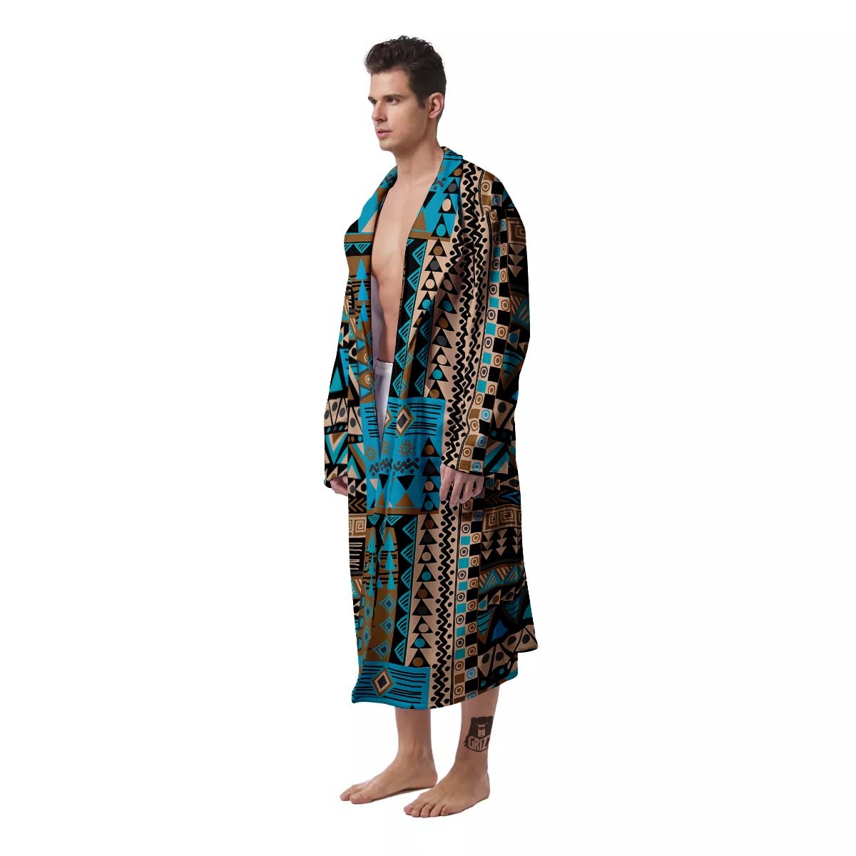 Aztec Brown And Teal Print Pattern Men's Robe-grizzshop