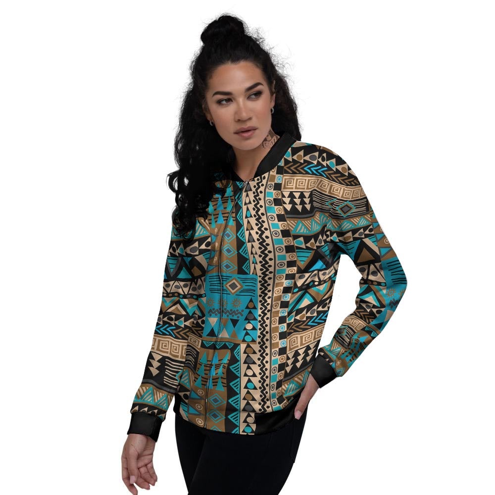 Aztec Brown And Teal Print Pattern Women's Bomber Jacket-grizzshop