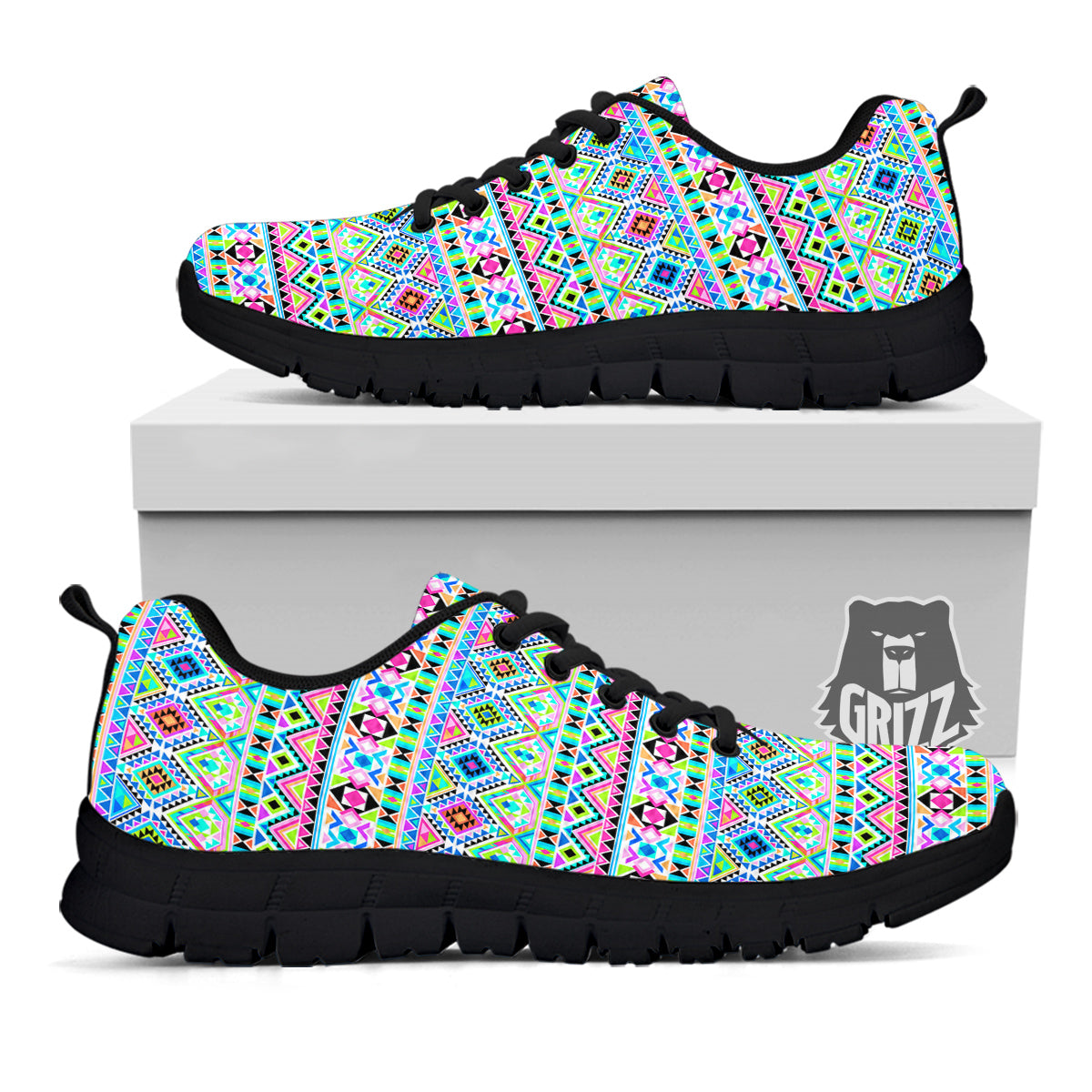 Aztec Colorful Print Pattern Black Sneaker-grizzshop