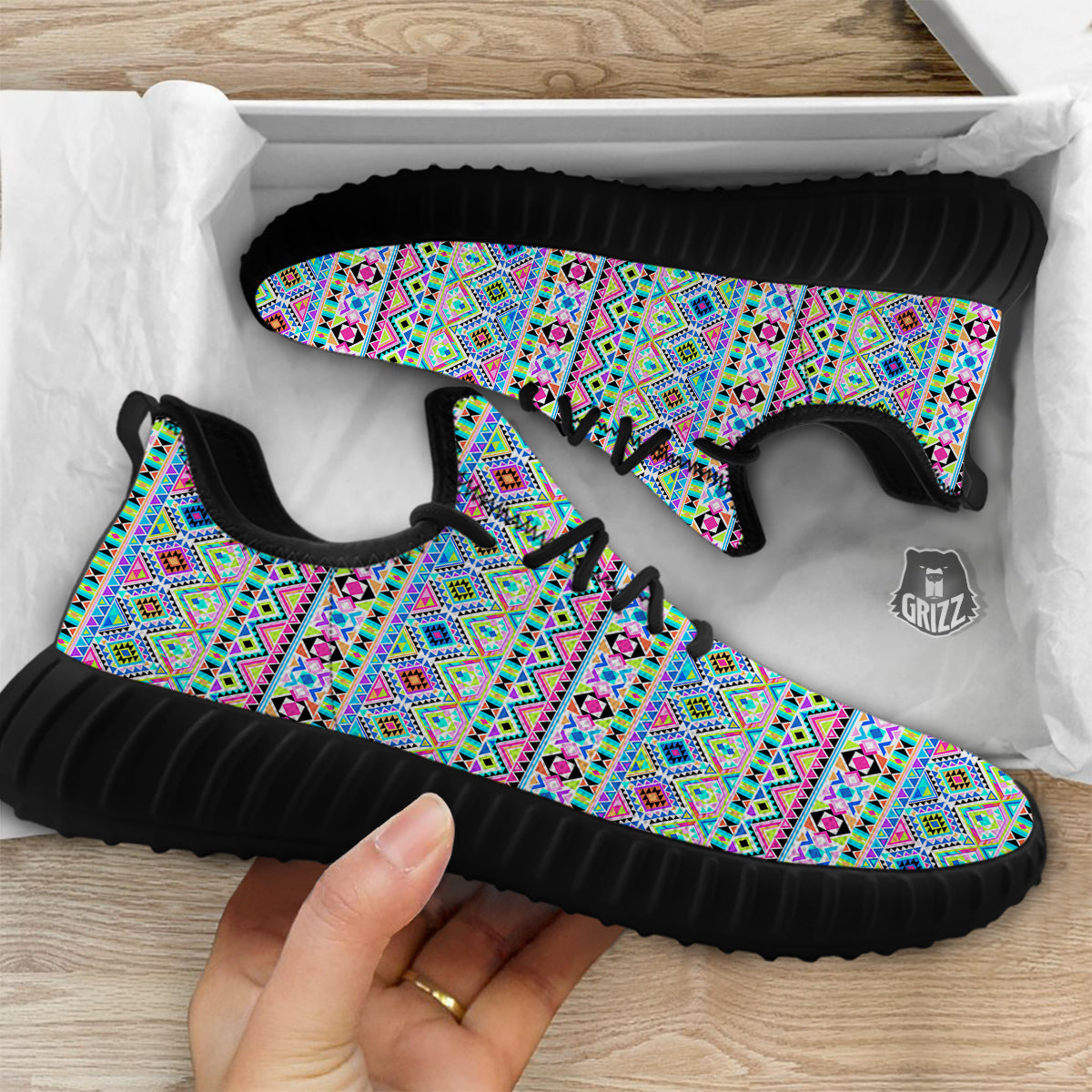 Aztec Colorful Print Pattern Black Walking Shoes-grizzshop